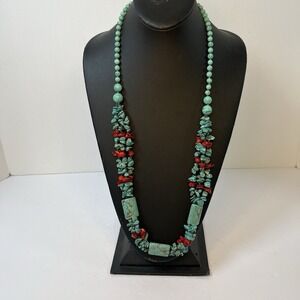 Vintage Turquoise and Red Coral Shell Long Beaded Necklace